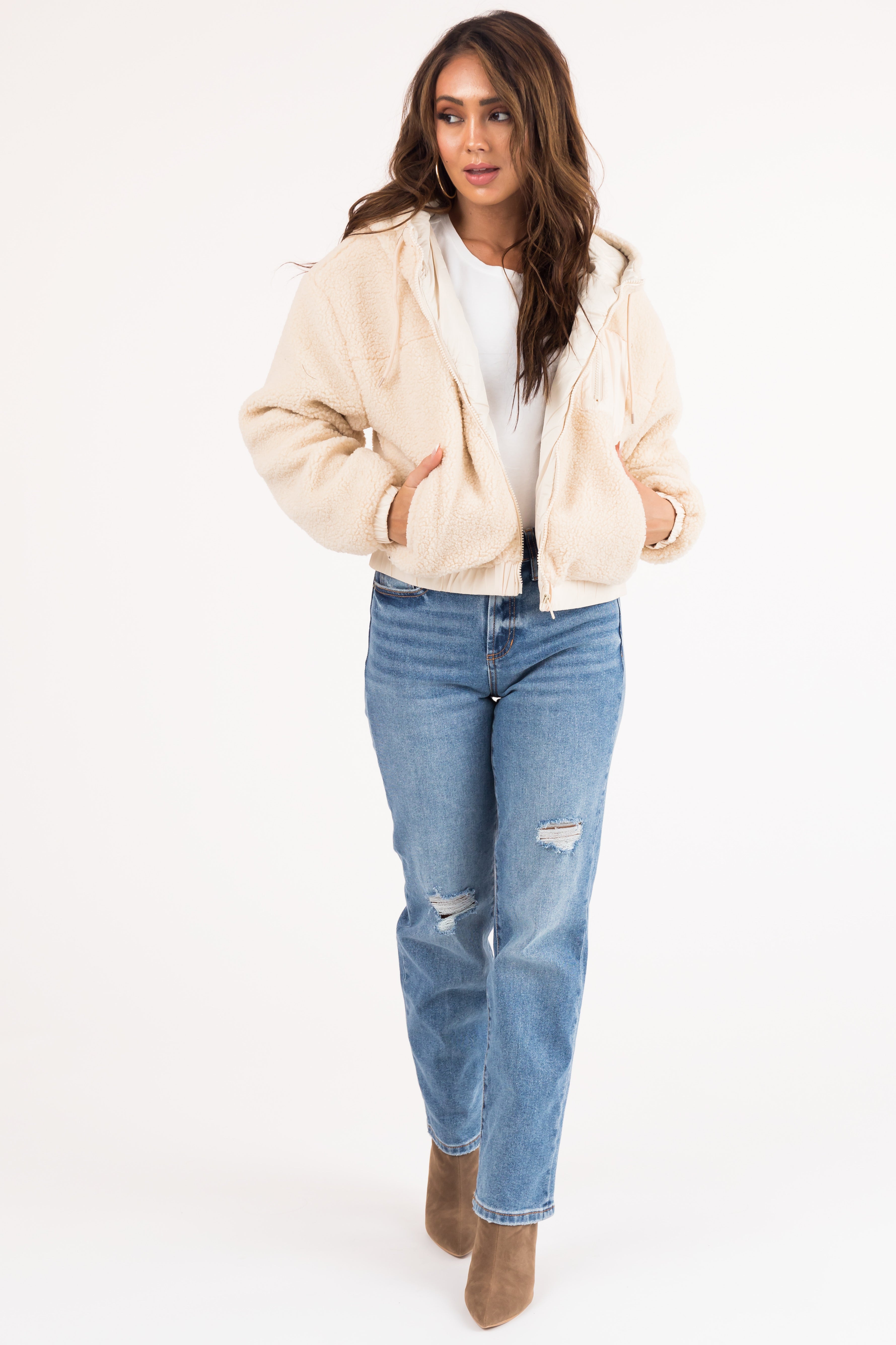 Cream Sherpa Zipper Hooded Jacket