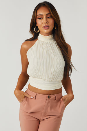 Cream Sleeveless Collared Back Tie Pleated Top