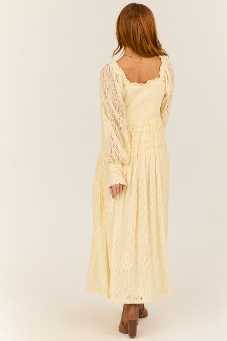 Cream Smocked Bubble Sleeve Lace Maxi Dress