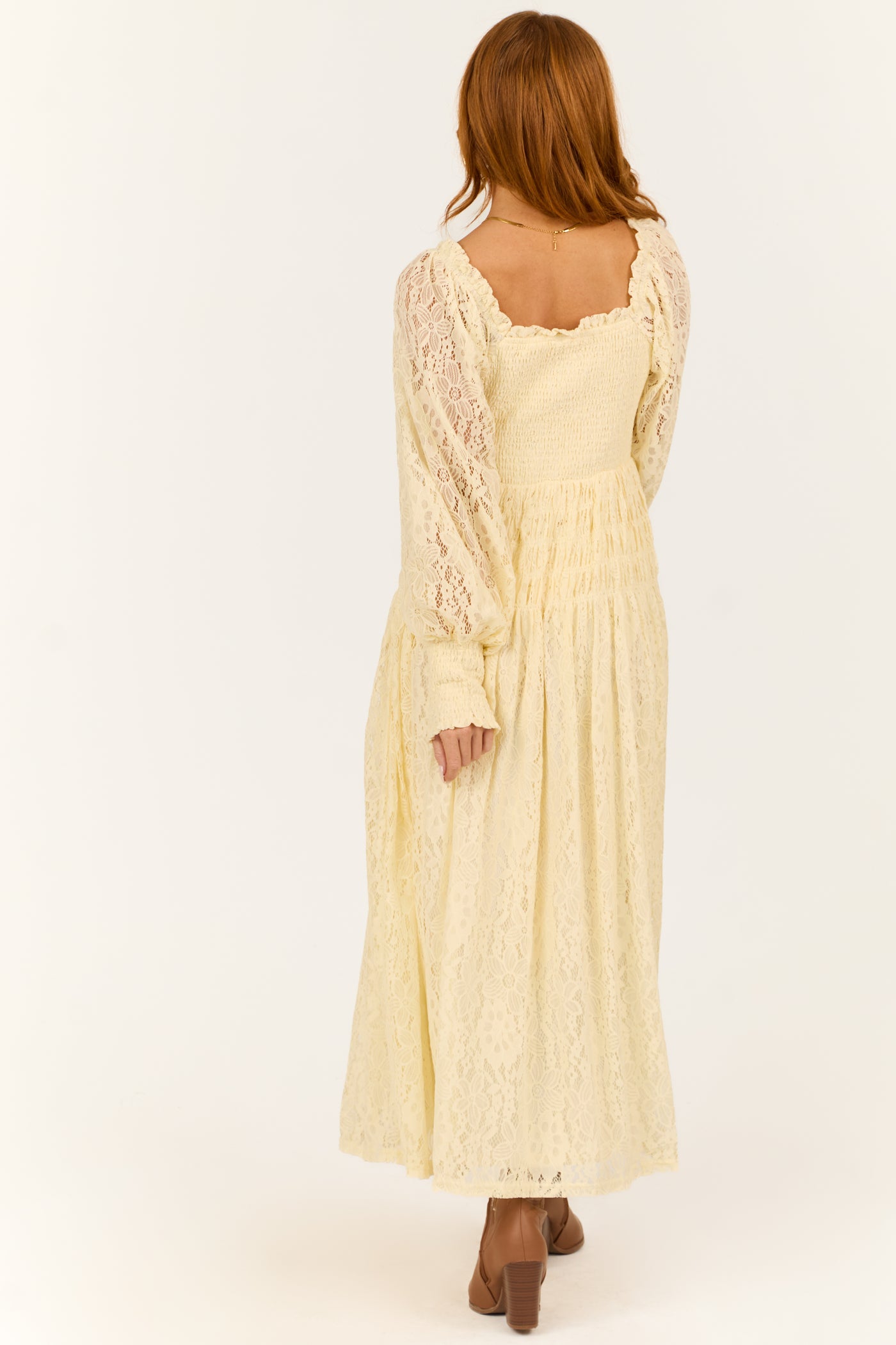 Cream Smocked Bubble Sleeve Lace Maxi Dress