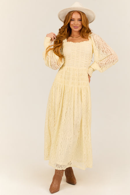 Cream Smocked Bubble Sleeve Lace Maxi Dress