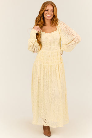 Cream Smocked Bubble Sleeve Lace Maxi Dress