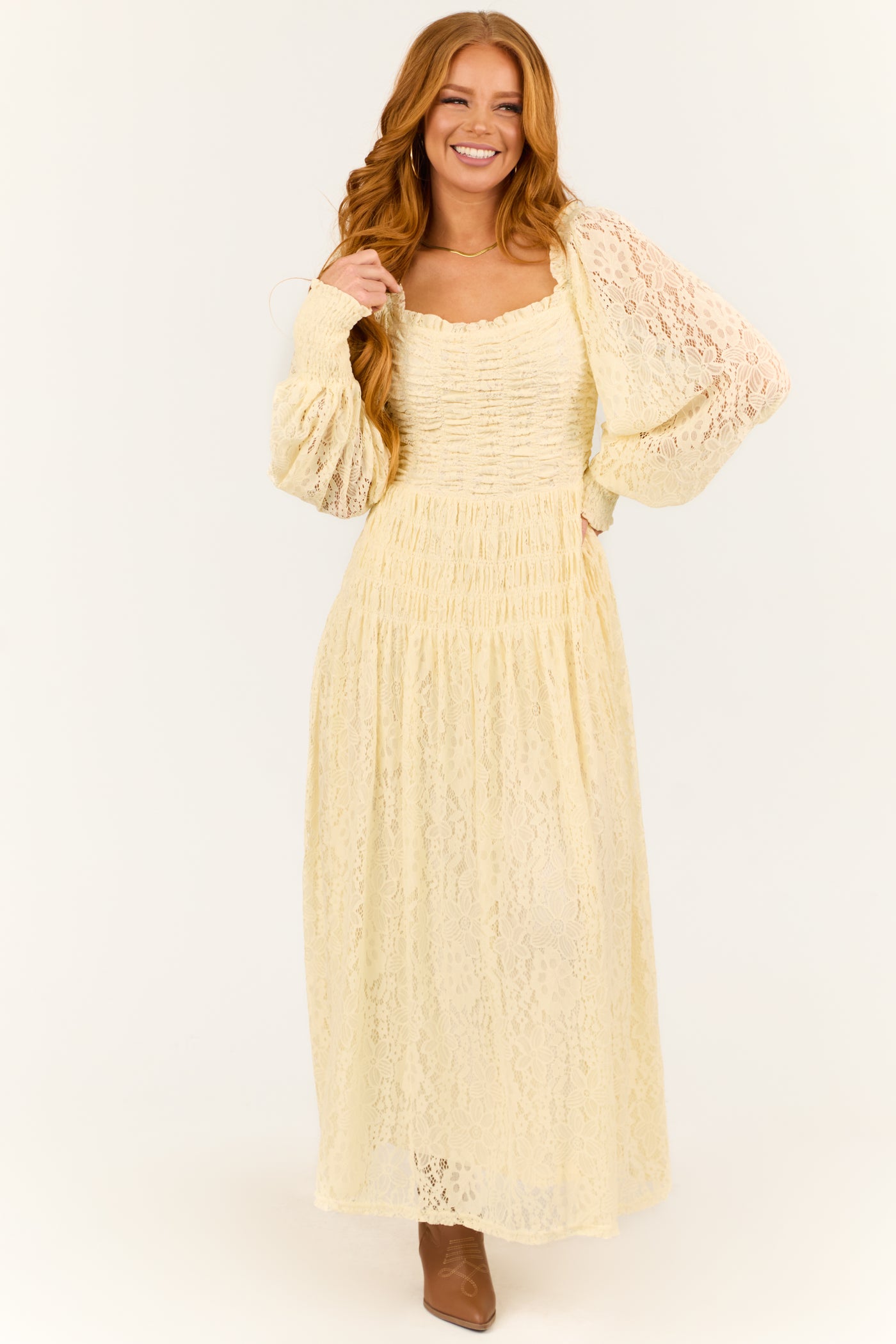 Cream Smocked Bubble Sleeve Lace Maxi Dress