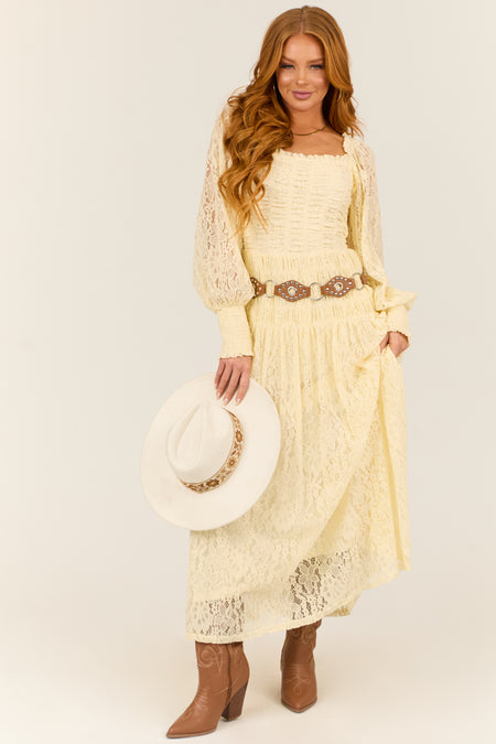 Cream Smocked Bubble Sleeve Lace Maxi Dress