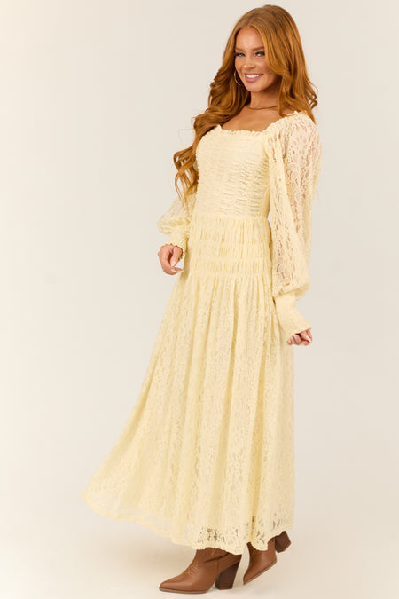 Cream Smocked Bubble Sleeve Lace Maxi Dress