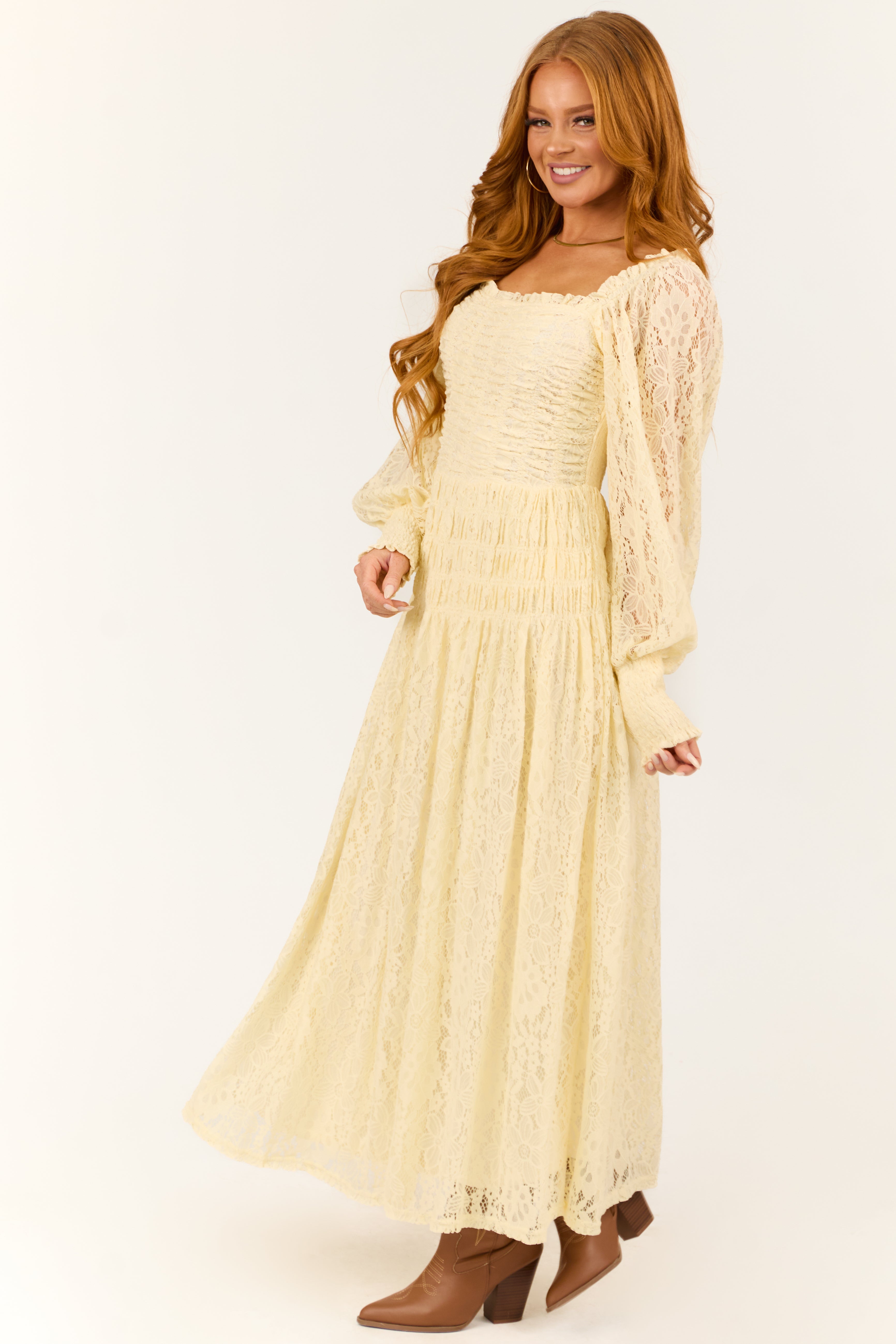 Cream Smocked Bubble Sleeve Lace Maxi Dress