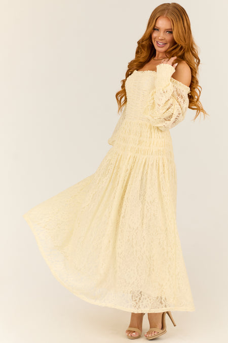 Cream Smocked Bubble Sleeve Lace Maxi Dress