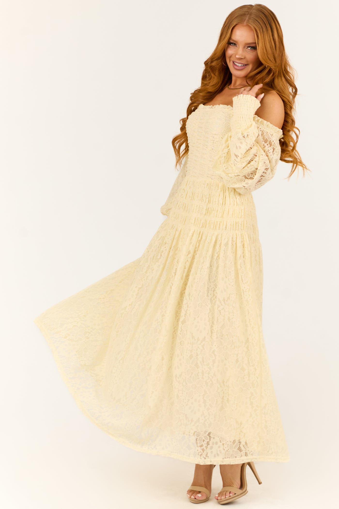 Cream Smocked Bubble Sleeve Lace Maxi Dress