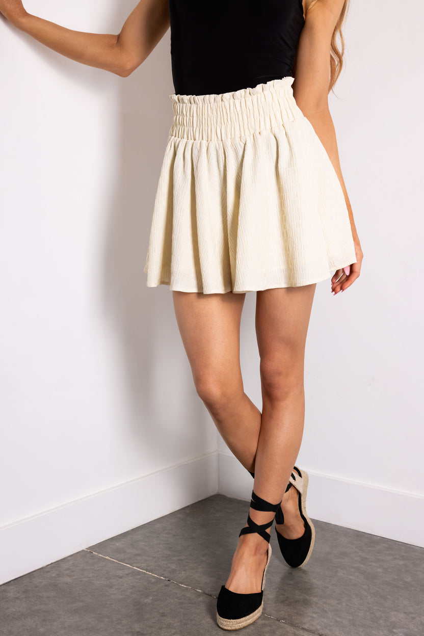 Cream Smocked Waist Textured Skort