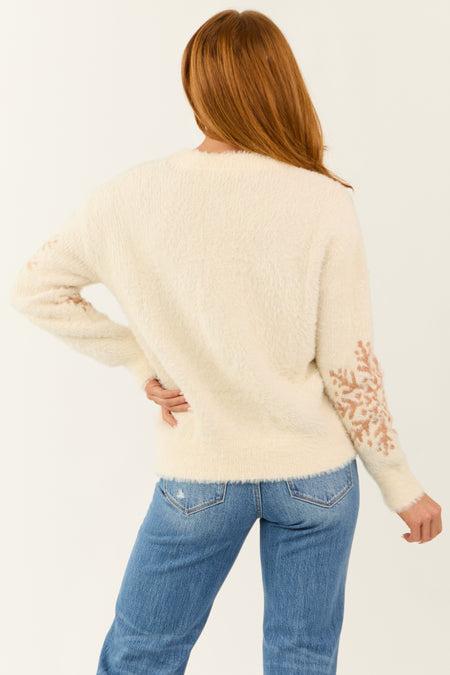 Cream Snowflake Print Fuzzy Knit Sweater