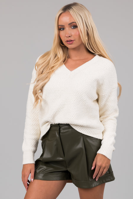 Cream Soft Chenille V Neck Sweater