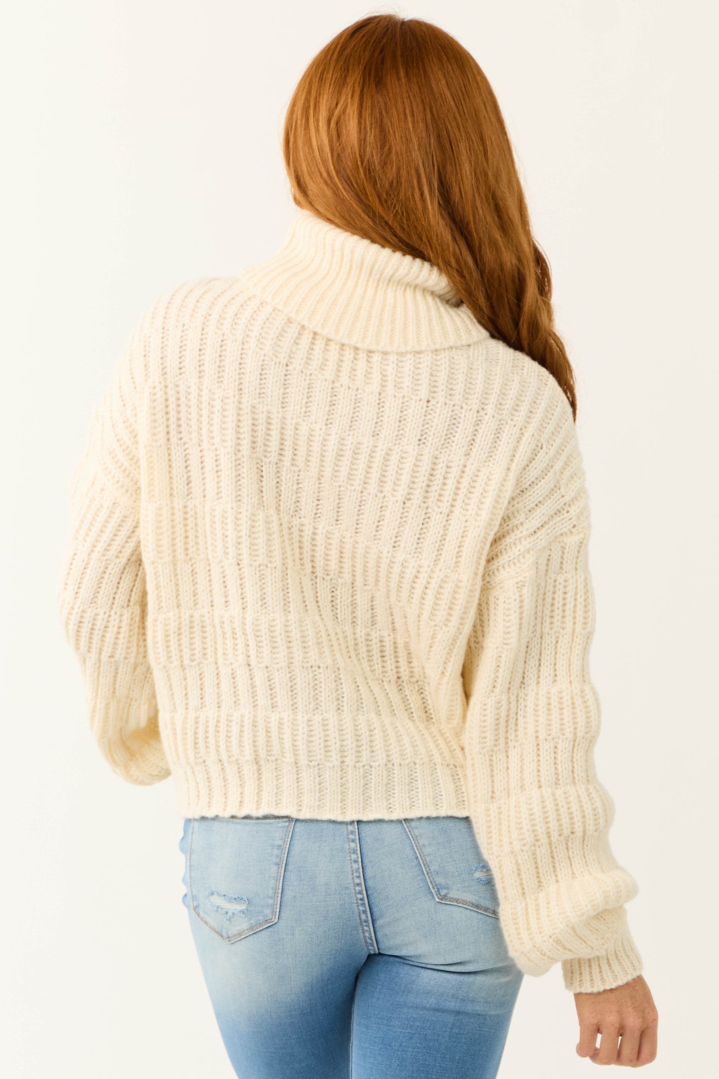 Cream Soft Knit Textured Turtleneck Sweater