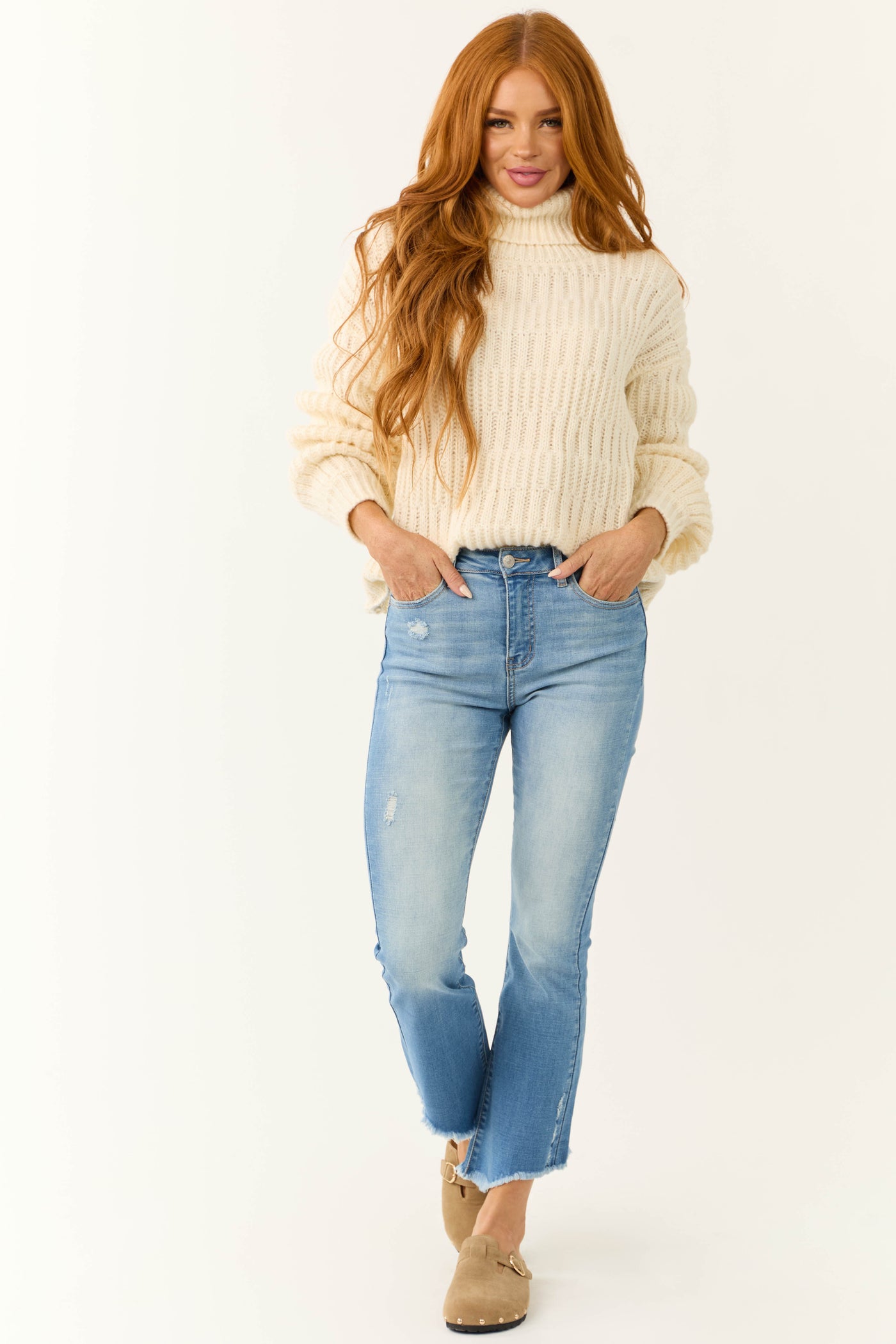 Cream Soft Knit Textured Turtleneck Sweater