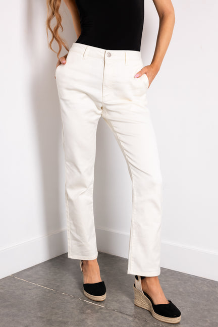 Cream Straight Fit High Waisted Twill Jeans