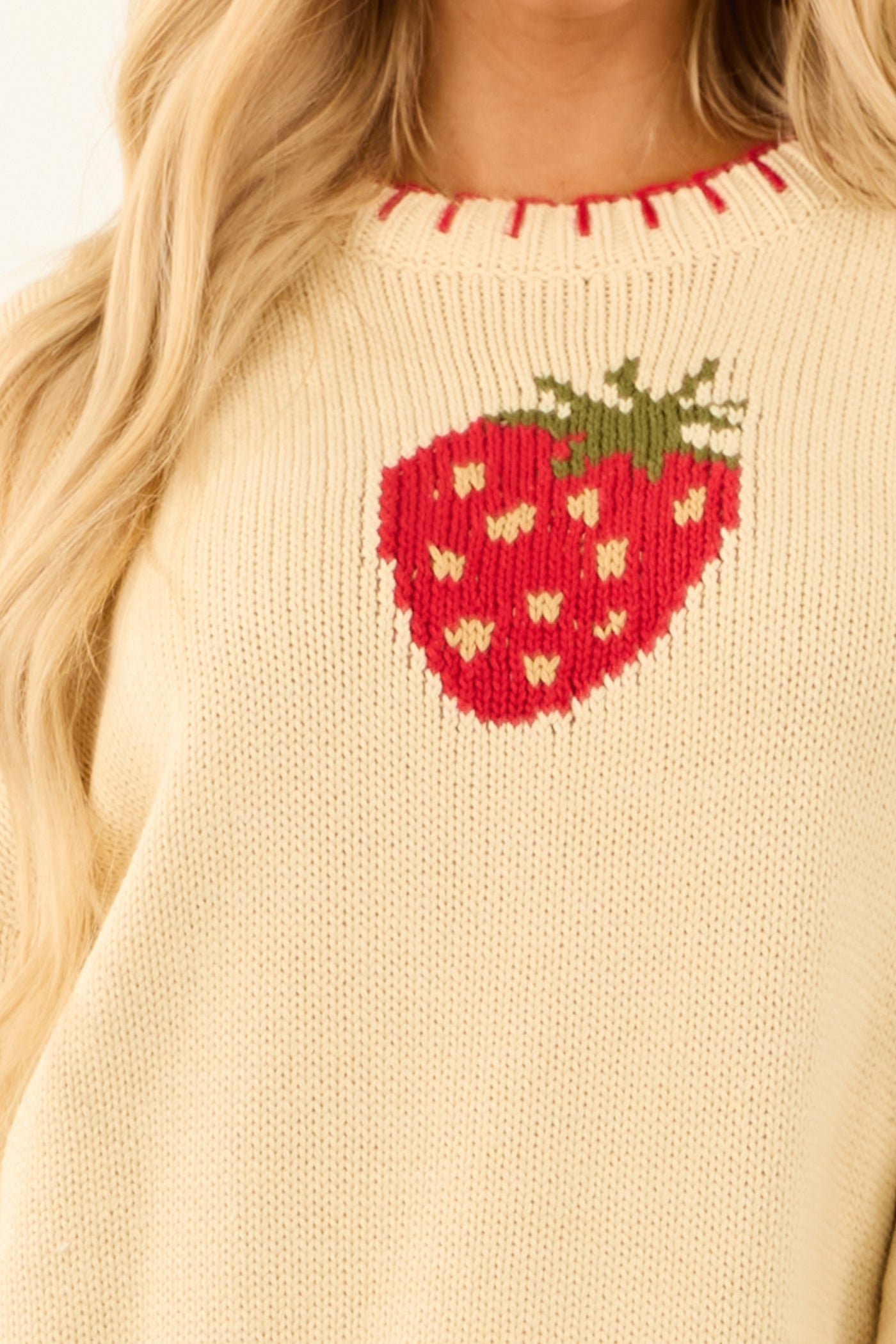 Cream Strawberry Graphic Knit Long Sleeve Sweater