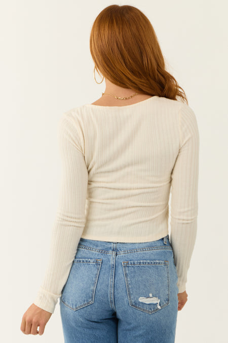 Cream Stretchy Knit Fitted Button Down Top