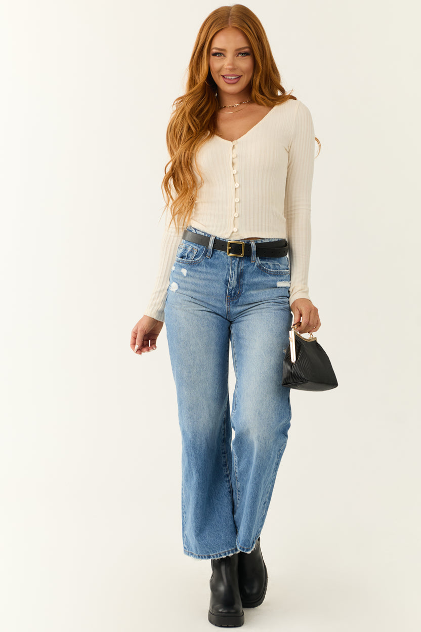 Cream Stretchy Knit Fitted Button Down Top