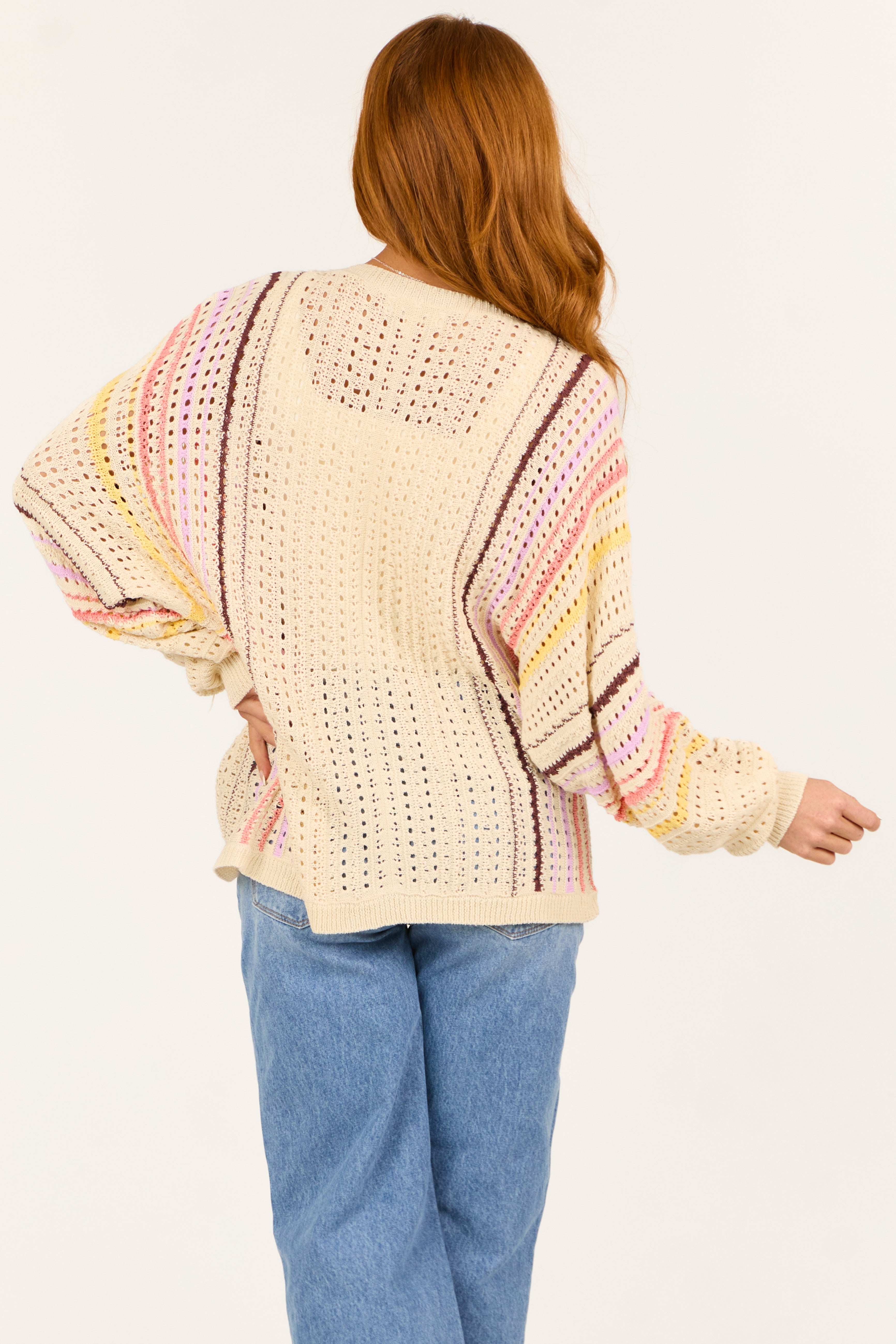 Cream Striped Open Front Crochet Cardigan