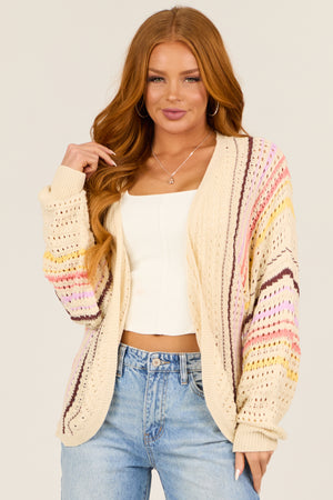 Cream Striped Open Front Crochet Cardigan