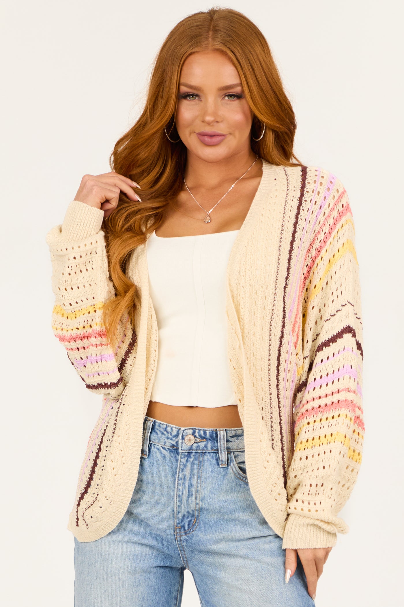 Cream Striped Open Front Crochet Cardigan