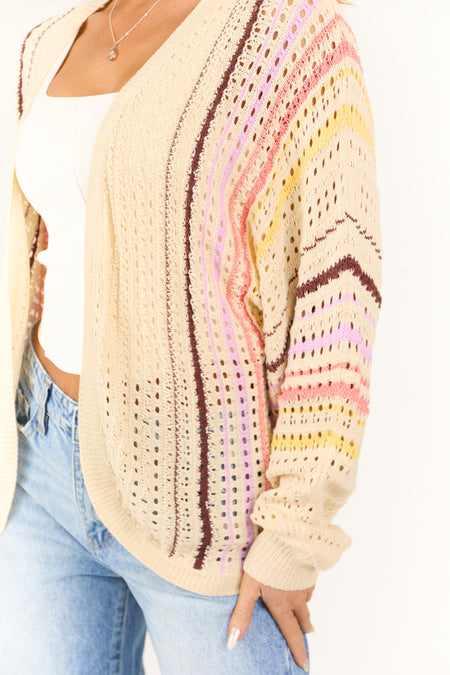 Cream Striped Open Front Crochet Cardigan