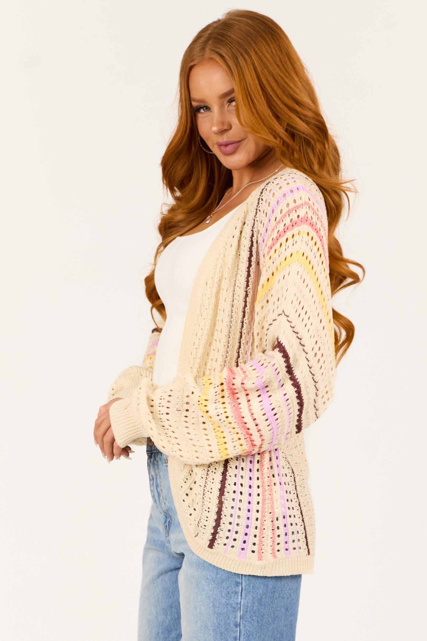 Cream Striped Open Front Crochet Cardigan