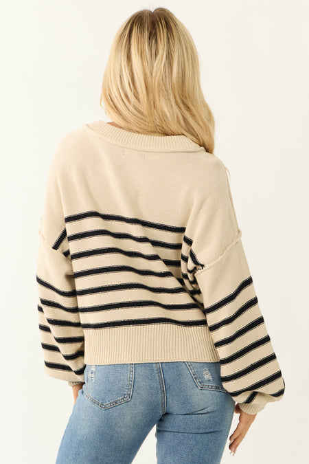 Cream Striped Oversized Drop Shoulder Sweater