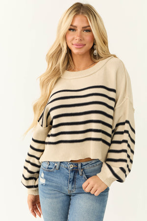 Cream Striped Oversized Drop Shoulder Sweater