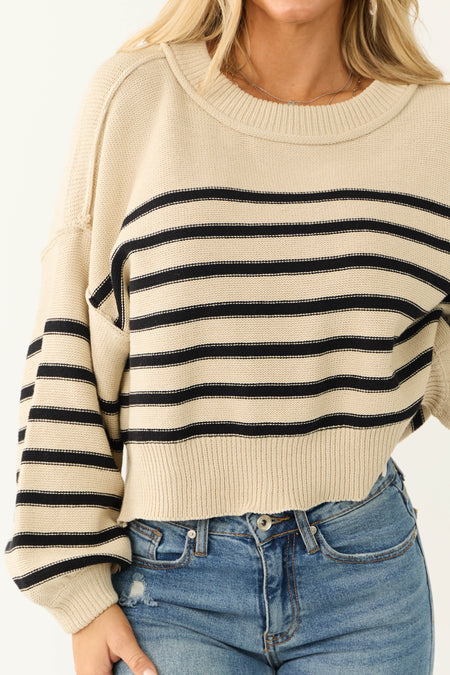 Cream Striped Oversized Drop Shoulder Sweater