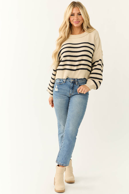 Cream Striped Oversized Drop Shoulder Sweater