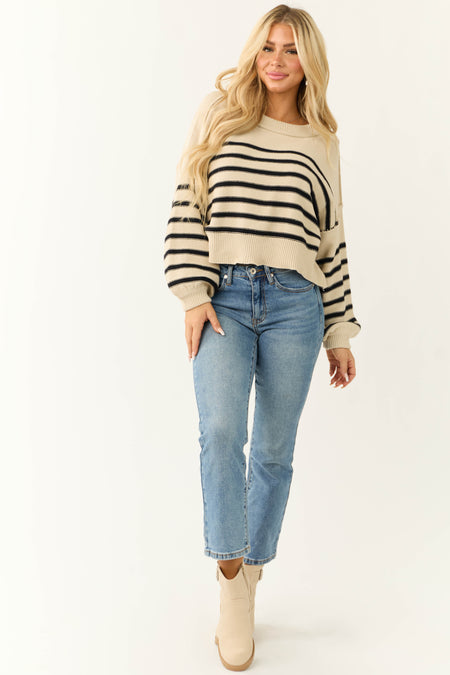 Cream Striped Oversized Drop Shoulder Sweater