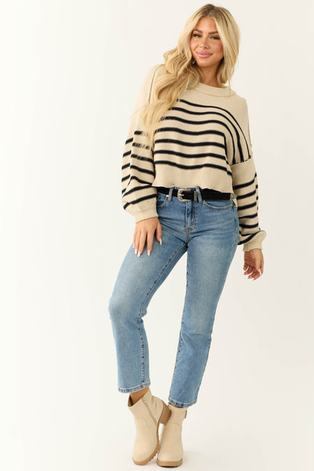 Cream Striped Oversized Drop Shoulder Sweater