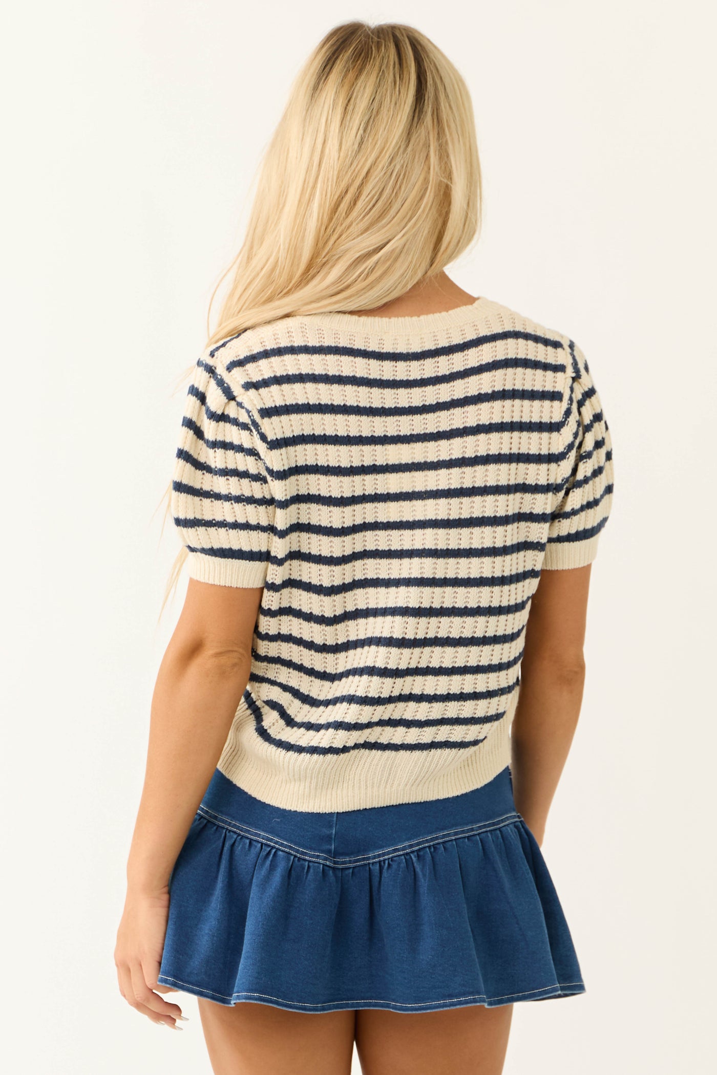 Cream Striped Short Sleeve Textured Sweater