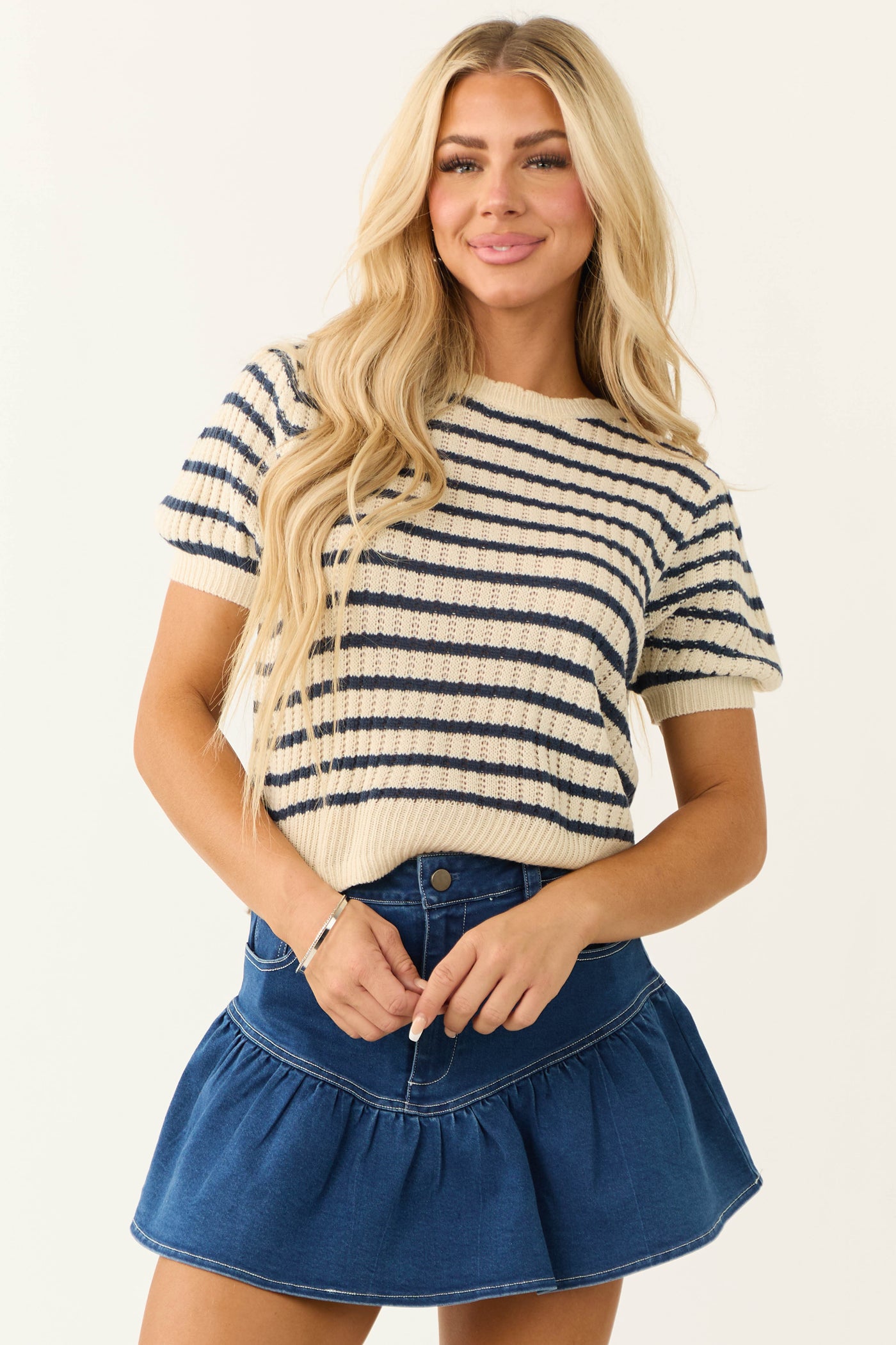 Cream Striped Short Sleeve Textured Sweater