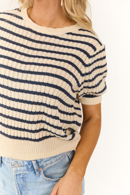 Cream Striped Short Sleeve Textured Sweater