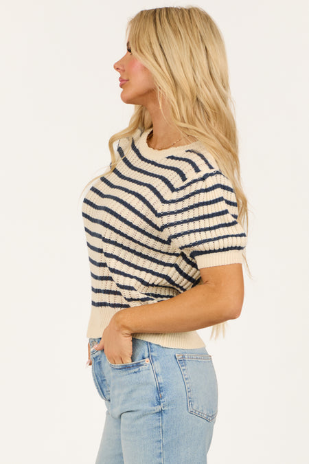 Cream Striped Short Sleeve Textured Sweater