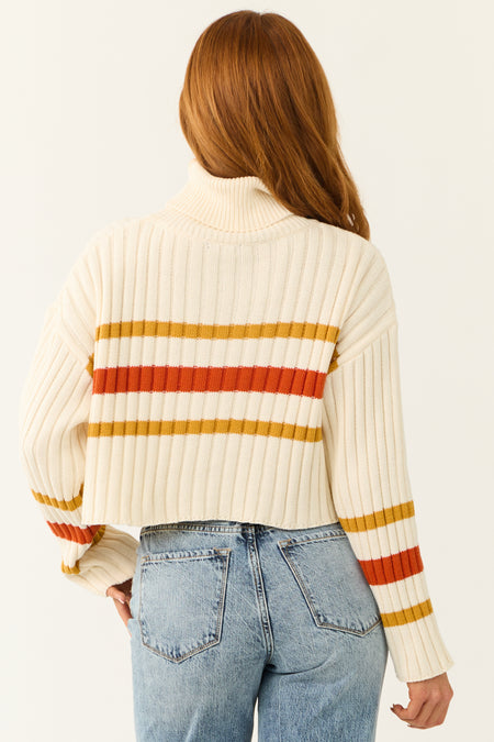 Cream Striped Turtleneck Cropped Sweater