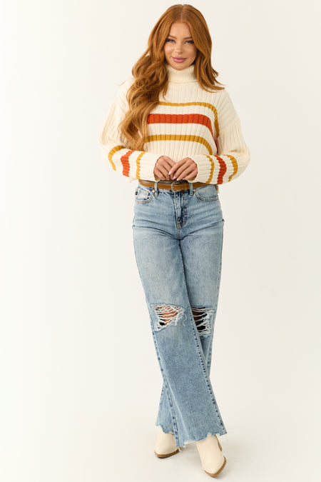 Cream Striped Turtleneck Cropped Sweater