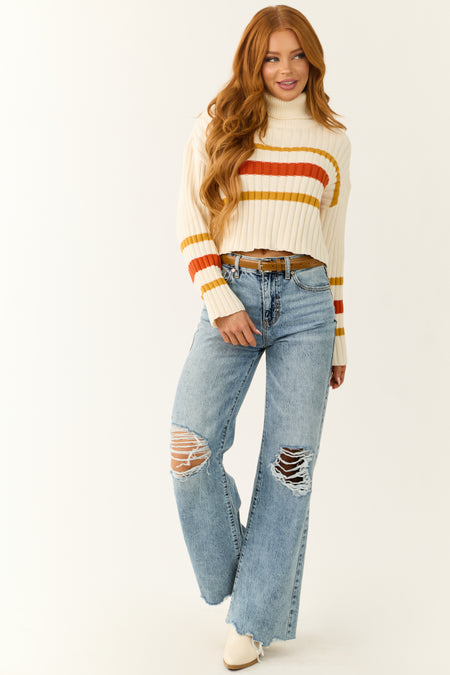 Cream Striped Turtleneck Cropped Sweater