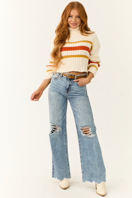 Cream Striped Turtleneck Cropped Sweater