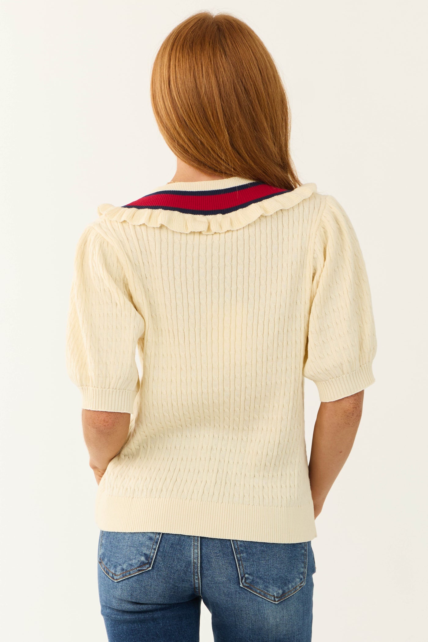 Cream Striped V Neck Sweater Top