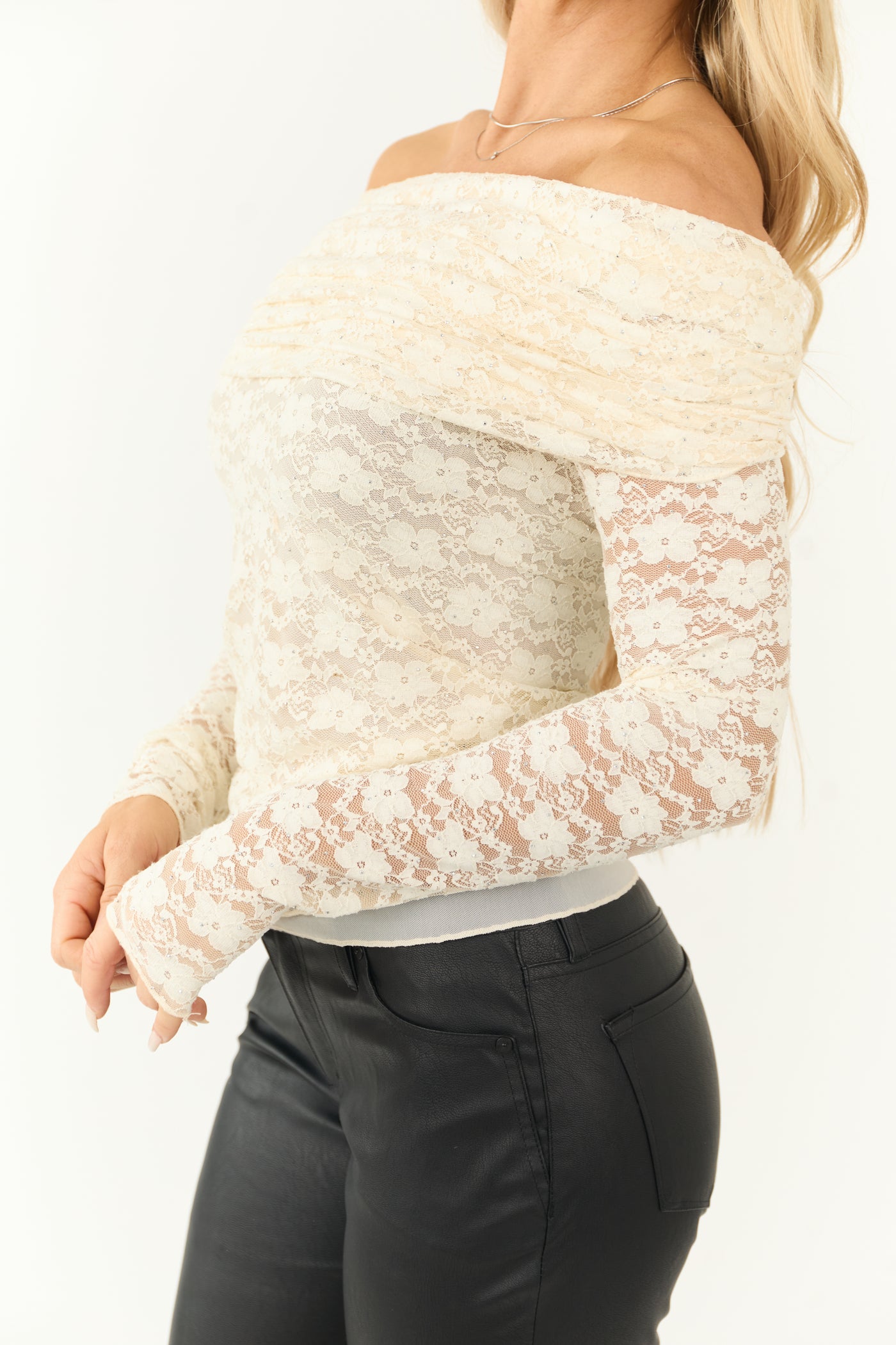 Cream Studded Floral Lace Off the Shoulder Top