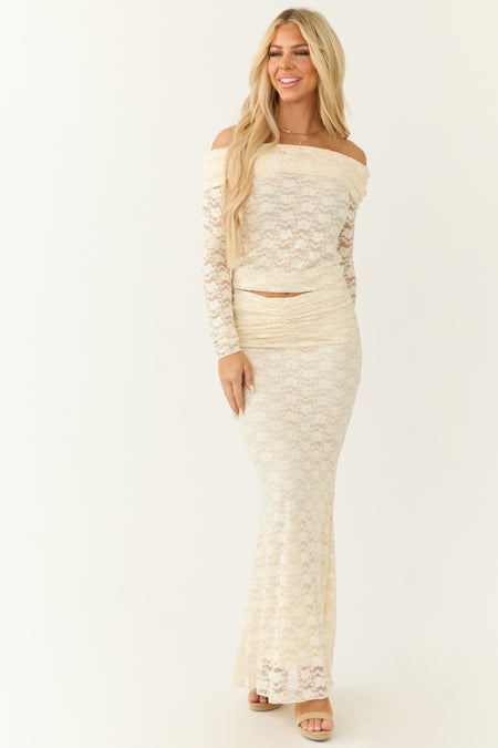 Cream Studded Floral Lace Ruched Maxi Skirt