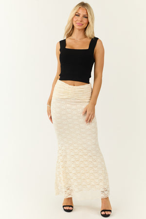 Cream Studded Floral Lace Ruched Maxi Skirt