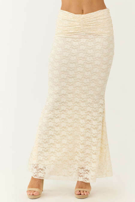 Cream Studded Floral Lace Ruched Maxi Skirt