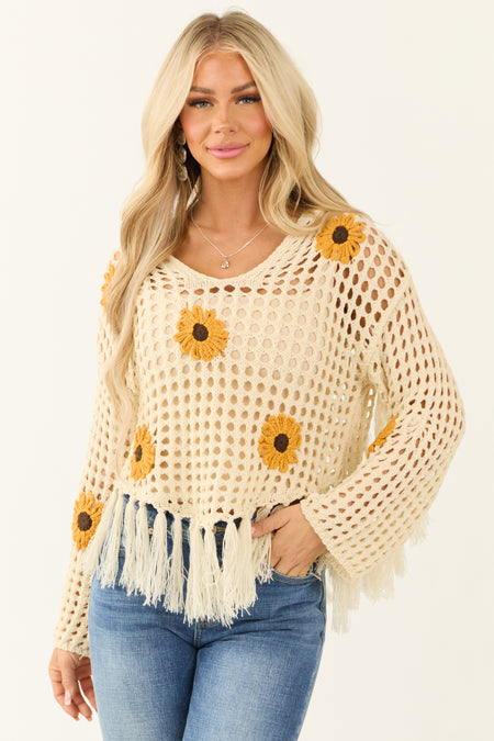 Cream Sunflower Open Crochet Sweater with Hood