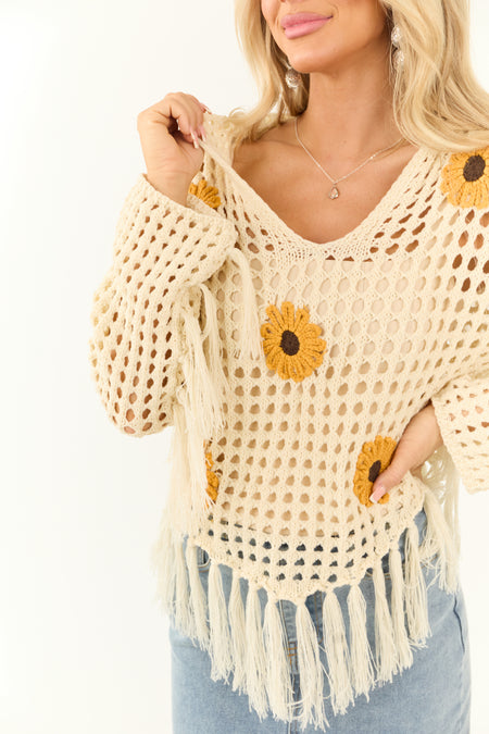 Cream Sunflower Open Crochet Sweater with Hood