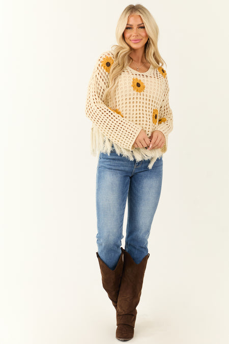 Cream Sunflower Open Crochet Sweater with Hood