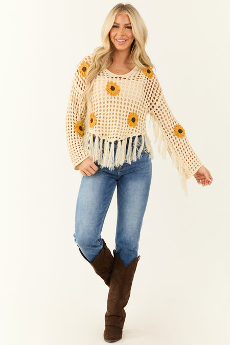 Cream Sunflower Open Crochet Sweater with Hood