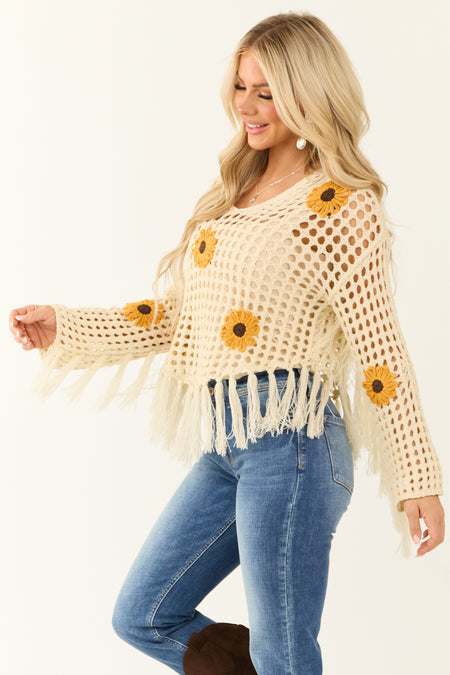 Cream Sunflower Open Crochet Sweater with Hood